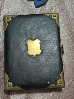 Antique Victorian Black Large Leather Photo Album With Brass Bindings.